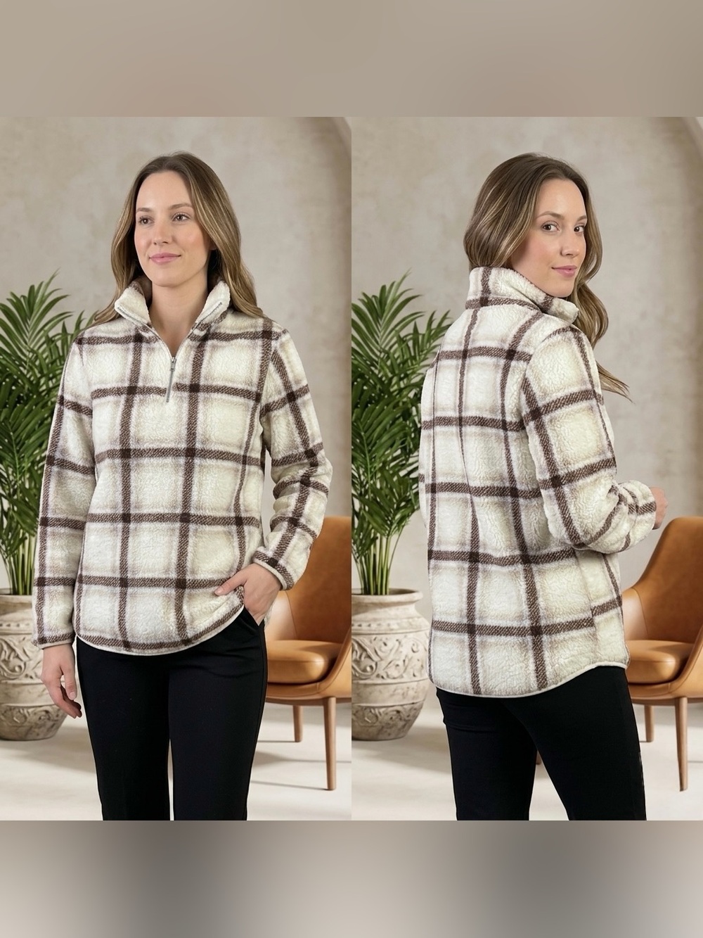 NWT BLOOMINGDALES OLIVE + OAK Women’s Long Sleeve Stone Plaid Fleece Size L